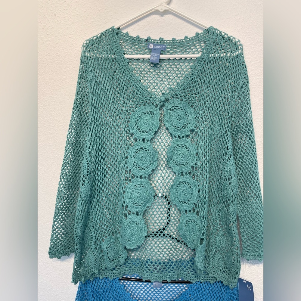 Koret Lot Loose Knit Womens Blue Resort Green Crochet Button Sweater Cardigan L - Picture 4 of 13